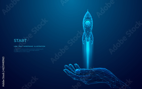 Digital rocket launch from the human abstract palm in outer space. Success business and start-up concept. Low poly wireframe vector illustration with 3D effect on technology blue background.