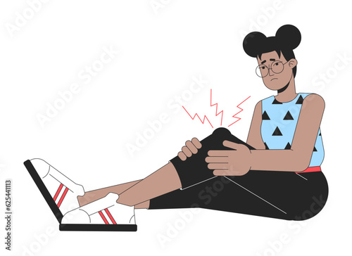 Woman with knees trauma flat line color vector character. Editable outline full body young woman sitting and cover injury on leg on white. Simple cartoon spot illustration for web graphic design