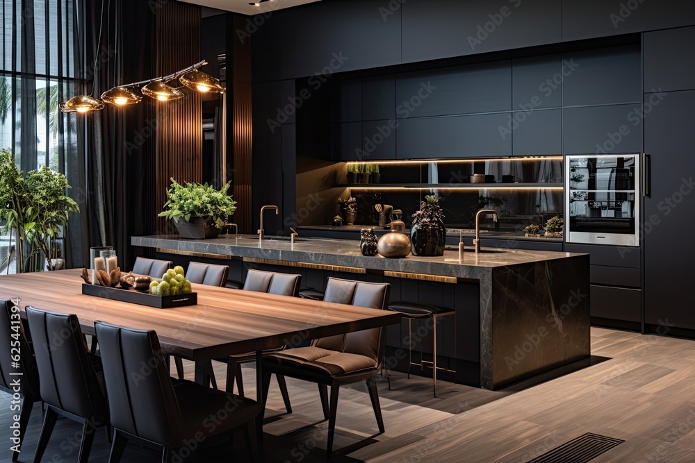 The kitchen area is positioned within a stylish and high end interior of a luxurious home, featuring a contemporary dark color scheme of black and brown. The design incorporates sleek wood accents and The kitchen area is positioned within a stylish and high end interior of a luxurious home, featuring a contemporary dark color scheme of black and brown. The design incorporates sleek wood accents and