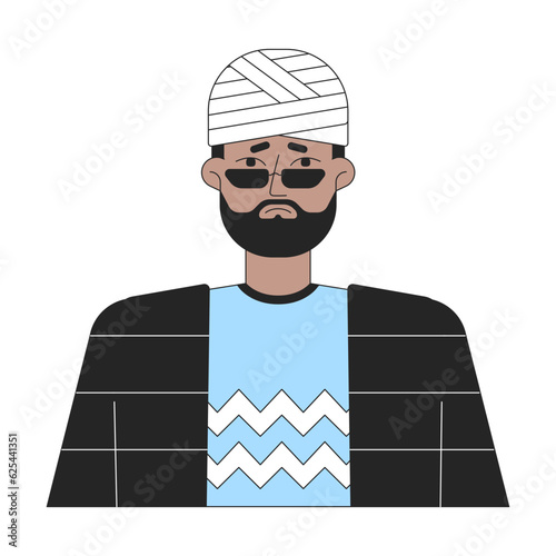 Sad african american man with wrapped head flat line color vector character. Editable outline half body of traumed man on white. Healthcare simple cartoon spot illustration for web graphic design