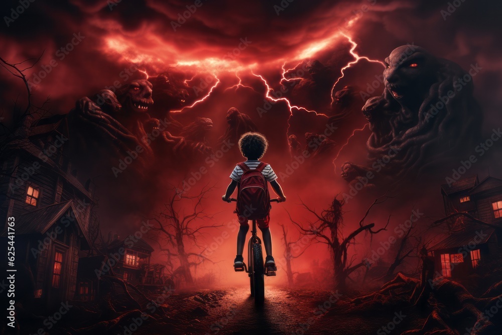 Fototapeta premium Child on the Bike in Red and Black Nightmare. Halloween concept. Back view. Generative AI.