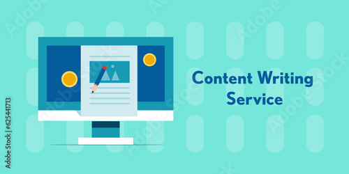 Content writing service. Digital content marketing. Copywriting for business. Writing text document online. Vector background illustration.