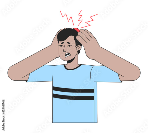 Guy touch injury on head flat line color vector character. Editable outline half body frightened man with throbbing pain on white. Simple cartoon spot illustration for web graphic design