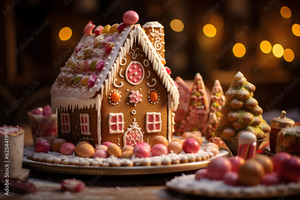 A gingerbread house with candy and icing. Christmas Holidays background A gingerbread house with candy and icing. Christmas Holidays background