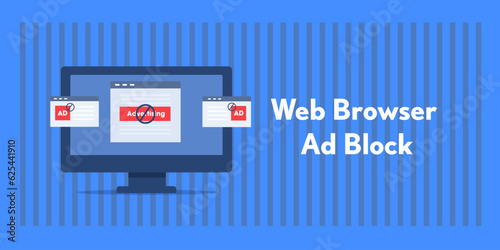 Ad blocker on website. Ad block technology. Blocking ad blocker to prevent cookie tracking. Ad blocker browser extension. Vector illustration background