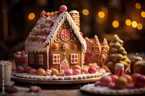 A gingerbread house with candy and icing. Christmas Holidays background
