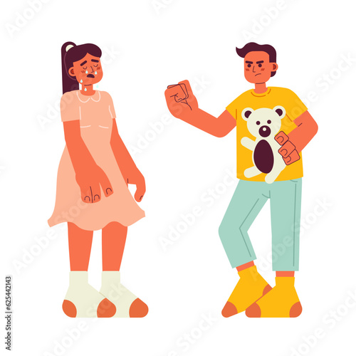 Young boy bullying little girl in tears semi flat color vector characters. Bully kid stealing bear toy. Editable full body people on white. Simple cartoon spot illustration for web graphic design