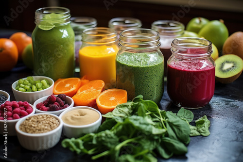 A variety of colorful and nutritious smoothie ingredients on a table. 