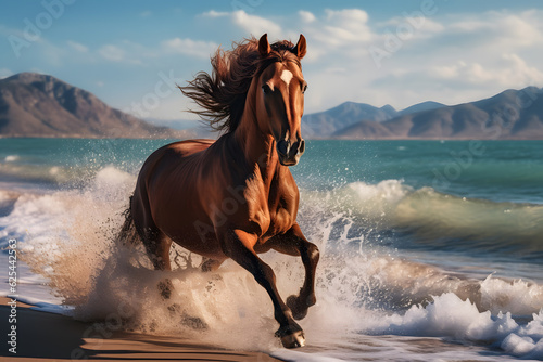 A horse running on a beach on front of ocean