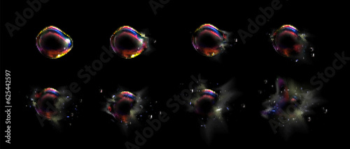 Iridescent foam bubble burst explosion sprite animation. Glass spectrum sheet with rainbow reflection. Abstract magic blowing balloon 3d game storyboard kit. Clear circle sphere destroy fx isolated