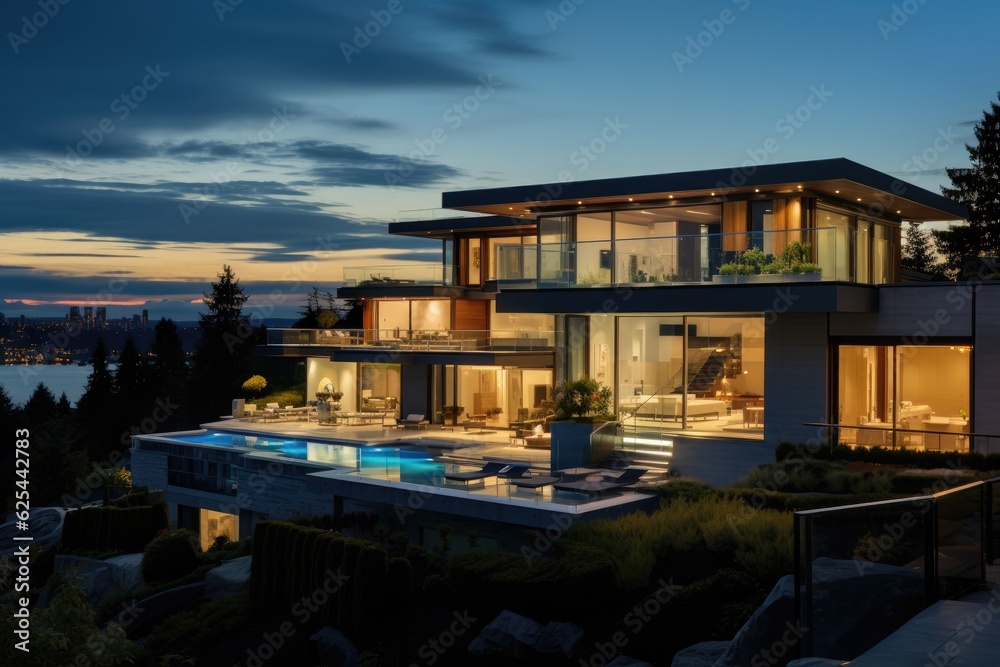 A stunning and contemporary mansion standing tall amidst the fading light of dusk, set against the backdrop of Vancouvers suburban landscape in Canada.
