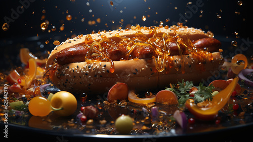 A mouthwatering hot dog advertisement for a renowned food company. Food wallpaper. Generative Ai.