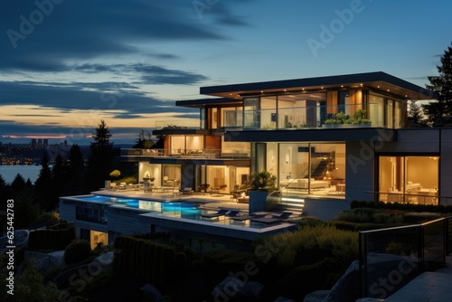 A stunning and contemporary mansion standing tall amidst the fading light of dusk, set against the backdrop of Vancouvers suburban landscape in Canada. © 2rogan