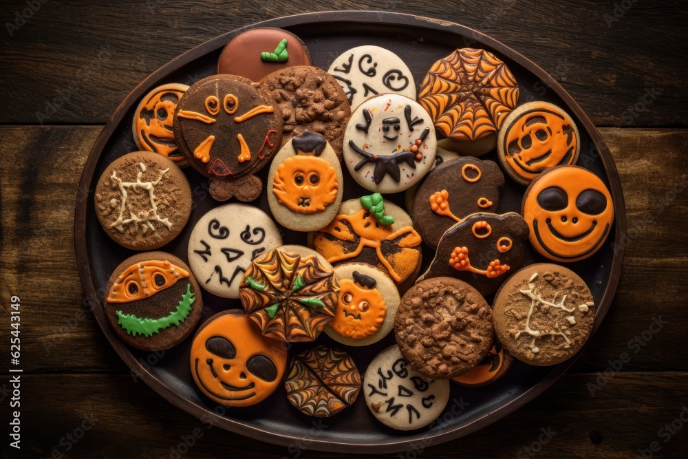 Halloween cookies with different patterns on a wooden table. Generative AI