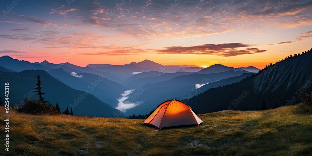 Outdoor travel and adventure. Camping lifestyle in mountains. Tent and landscape background