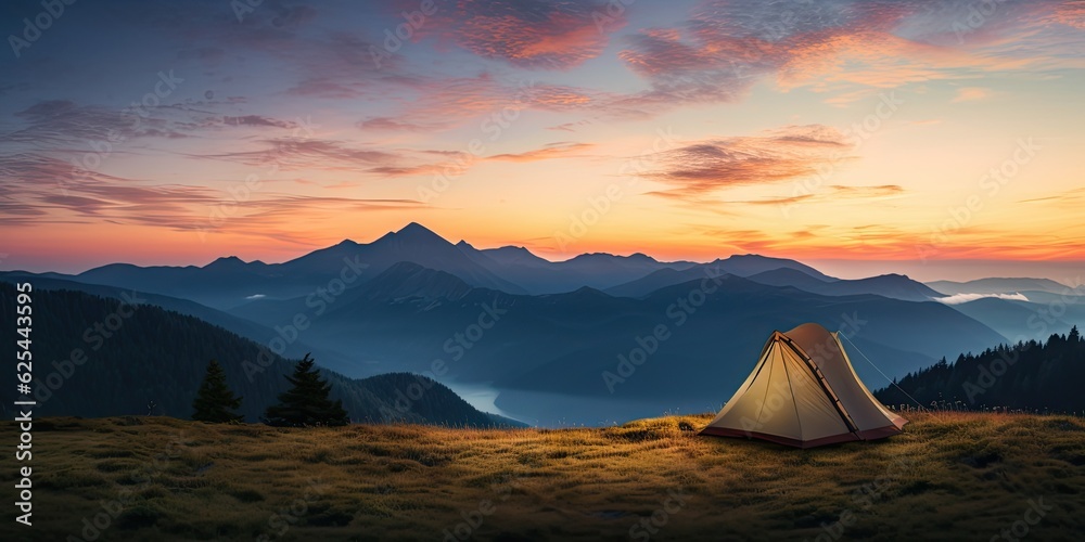 Outdoor travel and adventure. Camping lifestyle in mountains. Tent and landscape background