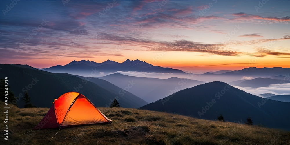 Outdoor travel and adventure. Camping lifestyle in mountains. Tent and landscape background