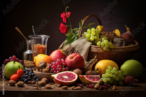 An exquisite still life composition showcasing a selection of healthy food alternatives.