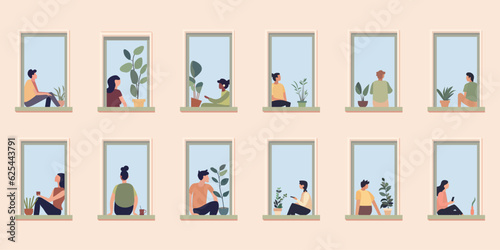 Windows with people. Neighbors in apartment. People in windows drinking tea, spending time at home. Vector cartoon illustration persons in house, illustrations isolated characters