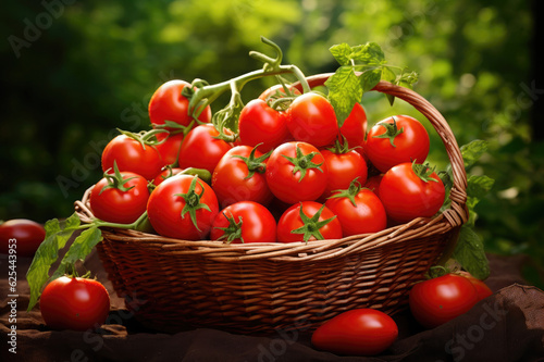 Wicker basket full of tomatoes on green leaves background