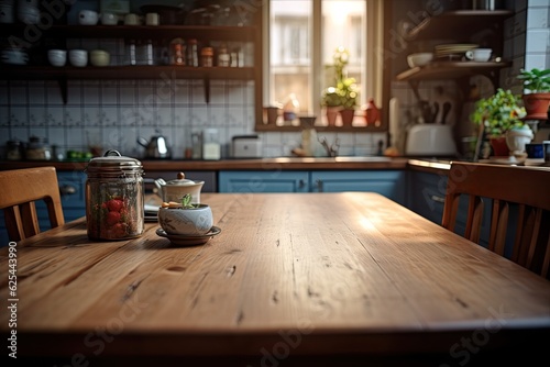 The kitchen background is unfocused  with a wooden table top in the forefront.