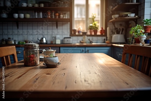 The kitchen background is unfocused, with a wooden table top in the forefront.