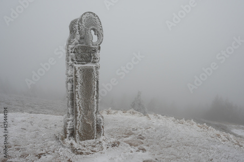 Winter landscape frozen forest, elephant statue in the mountains Kralicky Sneznik Czech Republic 