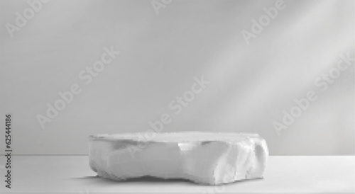 Realistic rough stone platform on white wall background. Vector illustration of broken concrete piece with shadow, natural rock for luxury beauty product presentation, interior design material sample