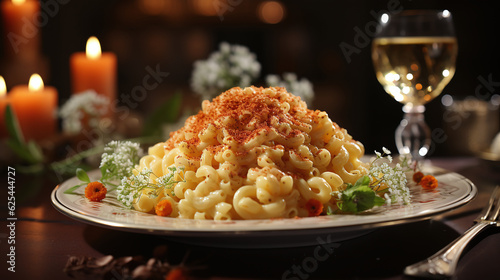 A scrumptious plate of mac'n'cheese. Food Wallpaper. Generative Ai.
