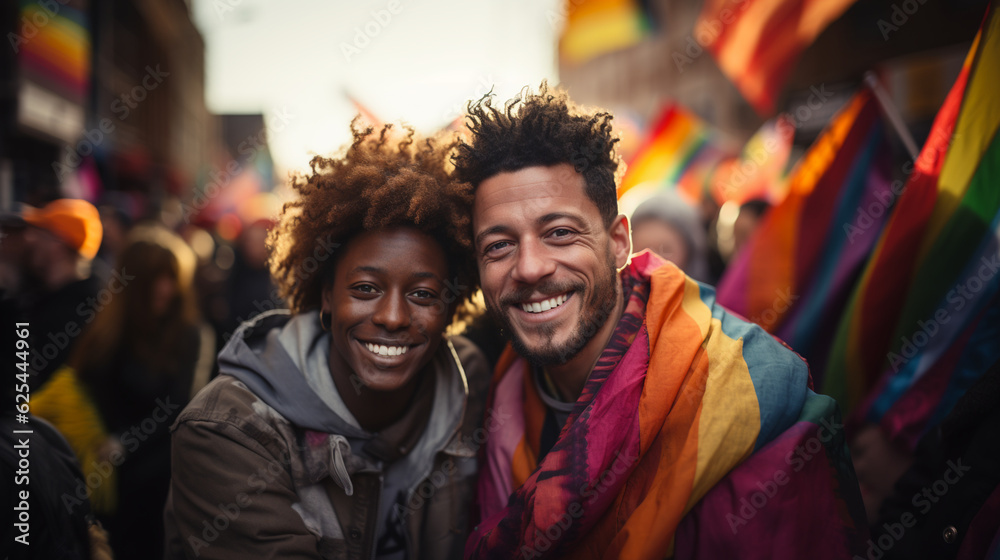 Couple on lgtbq gay pride rainbow flag. Generative Ai