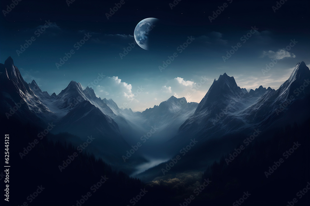 Snowy mountains at full moon at night, Generative AI Snowy mountains at full moon at night, Generative AI