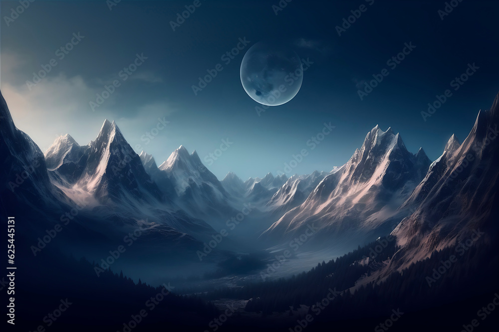 Granite mountain range with snow capped peaks, a bright moon, Generative AI Granite mountain range with snow capped peaks, a bright moon, Generative AI
