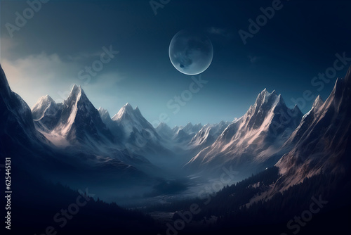 Granite mountain range with snow capped peaks  a bright moon  Generative AI