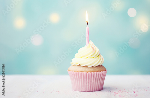 Ai generative. Birthday cupcake with candle, light pastel background