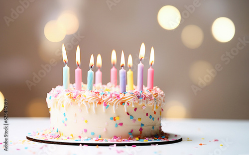 Ai generative. Birthday cake decorated with colorful sprinkles and candles on  light pastel background