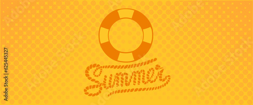 Summer orange background. Central rope logo and the inflatable swimming ring. Dotted background, polka style, pop summery banner.