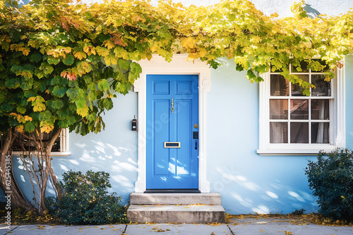 Ai generative.  Blue front door of traditional style home.  A front entrance of a home with a blue door.