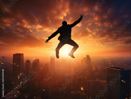 Silhouette of a person jumping against a colorful city skyline at sunset: The dynamic silhouette of a person mid-jump, juxtaposed against the silhouette of a cityscape during the golden hour, evoking 