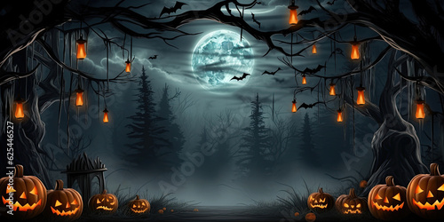 sinister halloween banner with pumpkins, bats and a full moon