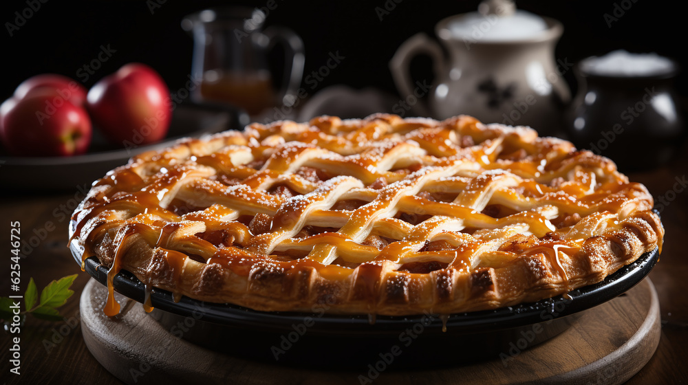An exquisite apple pie, made with love. Food Wallpaper. Generative Ai.