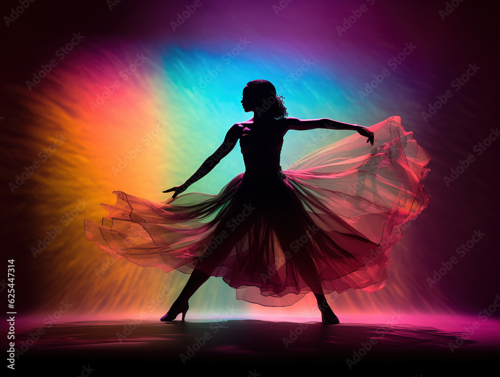 Silhouette of a dancer performing against a vibrant stage light: The graceful movements of a dancer captured in silhouette, with dynamic colored stage lights casting captivating shadows and highlighti Silhouette of a dancer performing against a vibrant stage light: The graceful movements of a dancer captured in silhouette, with dynamic colored stage lights casting captivating shadows and highlighti