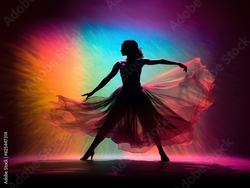 Silhouette of a dancer performing against a vibrant stage light: The graceful movements of a dancer captured in silhouette, with dynamic colored stage lights casting captivating shadows and highlighti