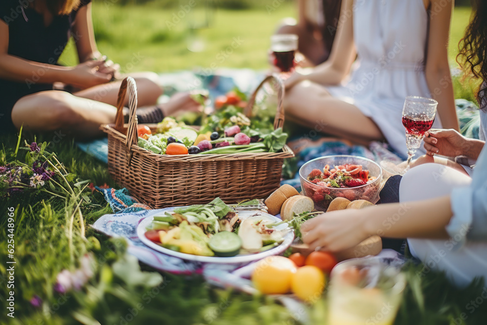 A group of friends having a picnic with healthy food options