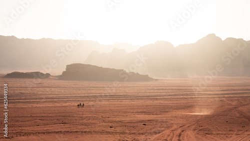 Wadi Rum desert at sunset with two camels in the far Jordan 