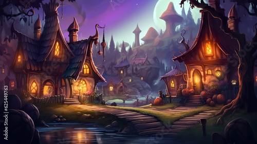Abstract background witches huts. Illustration in a banner design, showcasing the enchanting allure of magical witches' huts nestled in a fantastical setting. Generative AI.