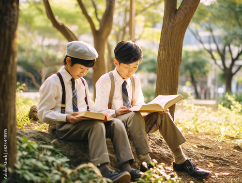 Two Asian Students Reading In The Park