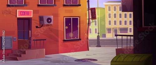 Backstreet alley with coffee shop signboard on brick wall. Vector cartoon illustration of empty street between urban buildings, cafe door and stairs, waste container, air conditioner on facade