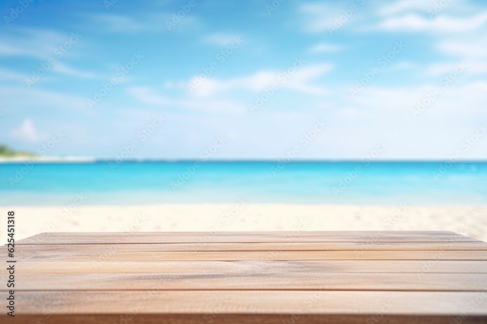 View of nice tropical beach. Empty wood table over blue sea, beach background in summer day. Background with copy space for product display. Empty ready for your product display montage.