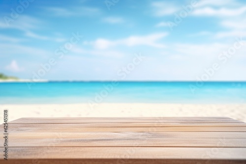 View of nice tropical beach. Empty wood table over blue sea, beach background in summer day. Background with copy space for product display. Empty ready for your product display montage. © elenbessonova