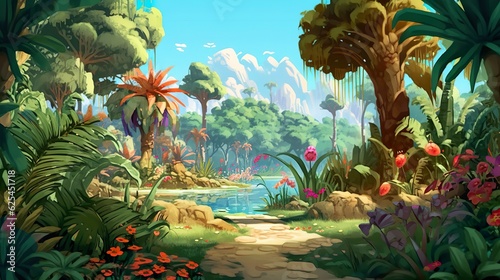 Abstract background huge magical plants and trees. A wonderful illustration in a banner design and magical world filled with colossal plants and enchanting trees. Generative AI.